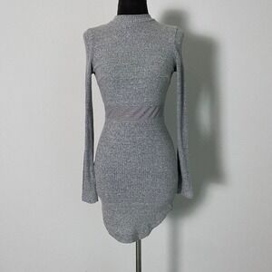 Rumor Boutique Ribbed Mock Neck Long Sleeve Sheer Waist‎ Mini Dress Gray M